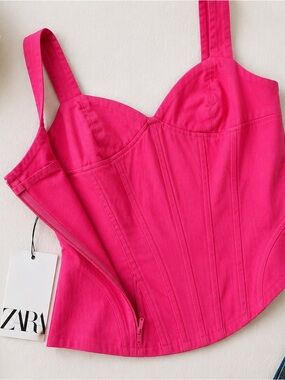 NWT Zara Pink Linen Blend Bustier Corset Top XS | Boning | Side Zip